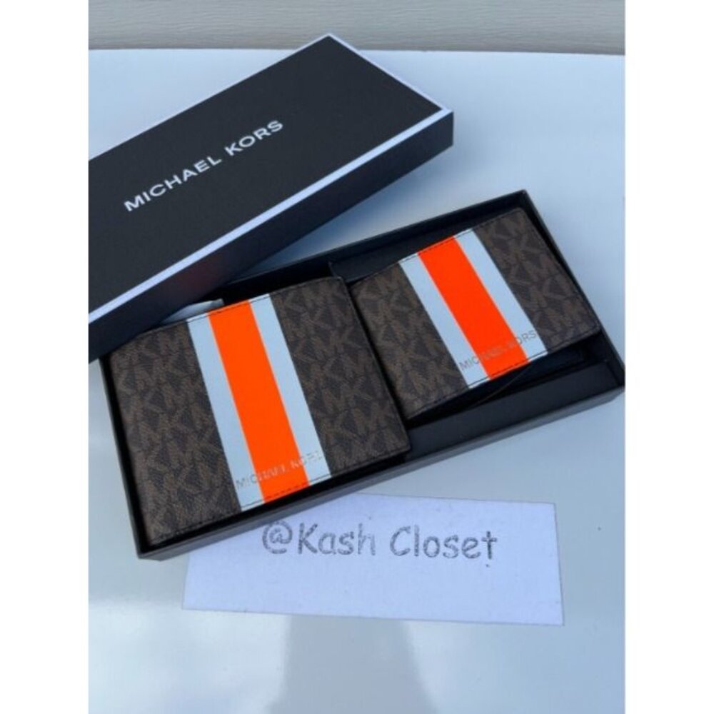 Michael kors mens 3 in 1 wallet card case gift box set - brown
